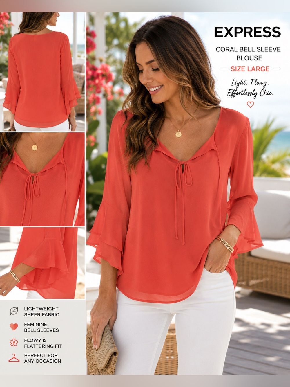 Express Coral Sheer Bell Sleeve Blouse Size Large | Flowy Feminine Summer Top